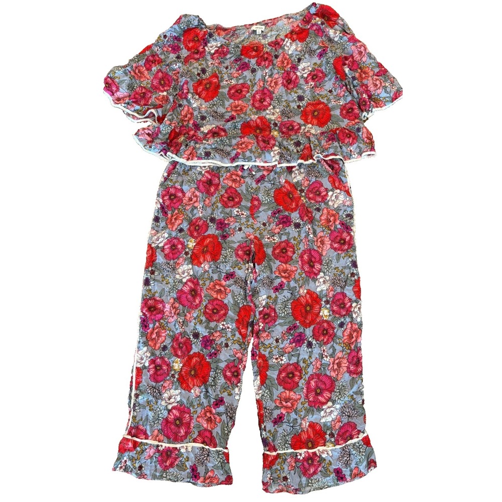 Kenzie 2 piece coordinate set top & pants floral rayon elastic waist womens' XL